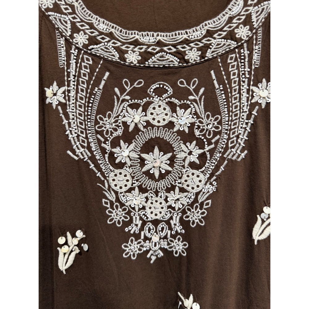 NWT Charter Club Petite MP Brown Embroidered Beaded Shift Dress Boho Resort Luxe - Picture 5 of 8